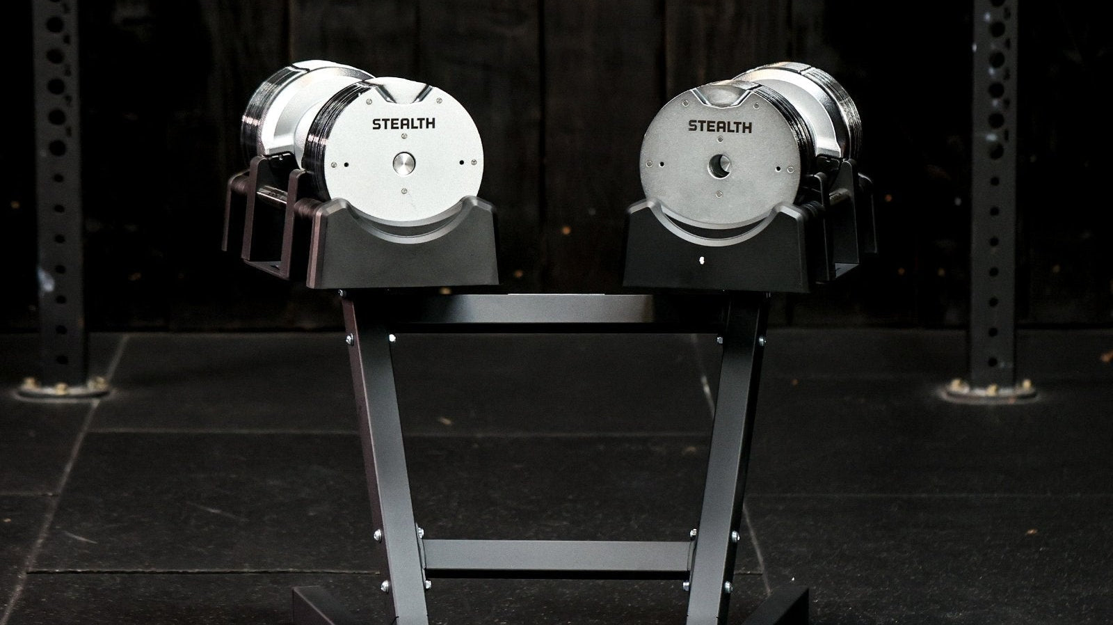 Stealth Chrome Adjustable Dumbbells on a Stealth Heavy Duty Stand