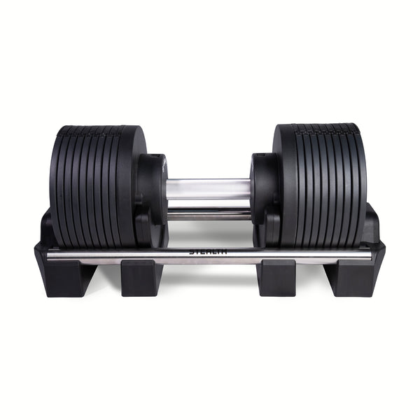 Side view of the Stealth Adjustable Dumbbells Core Edition fully loaded in its cradle - Assassin Goods