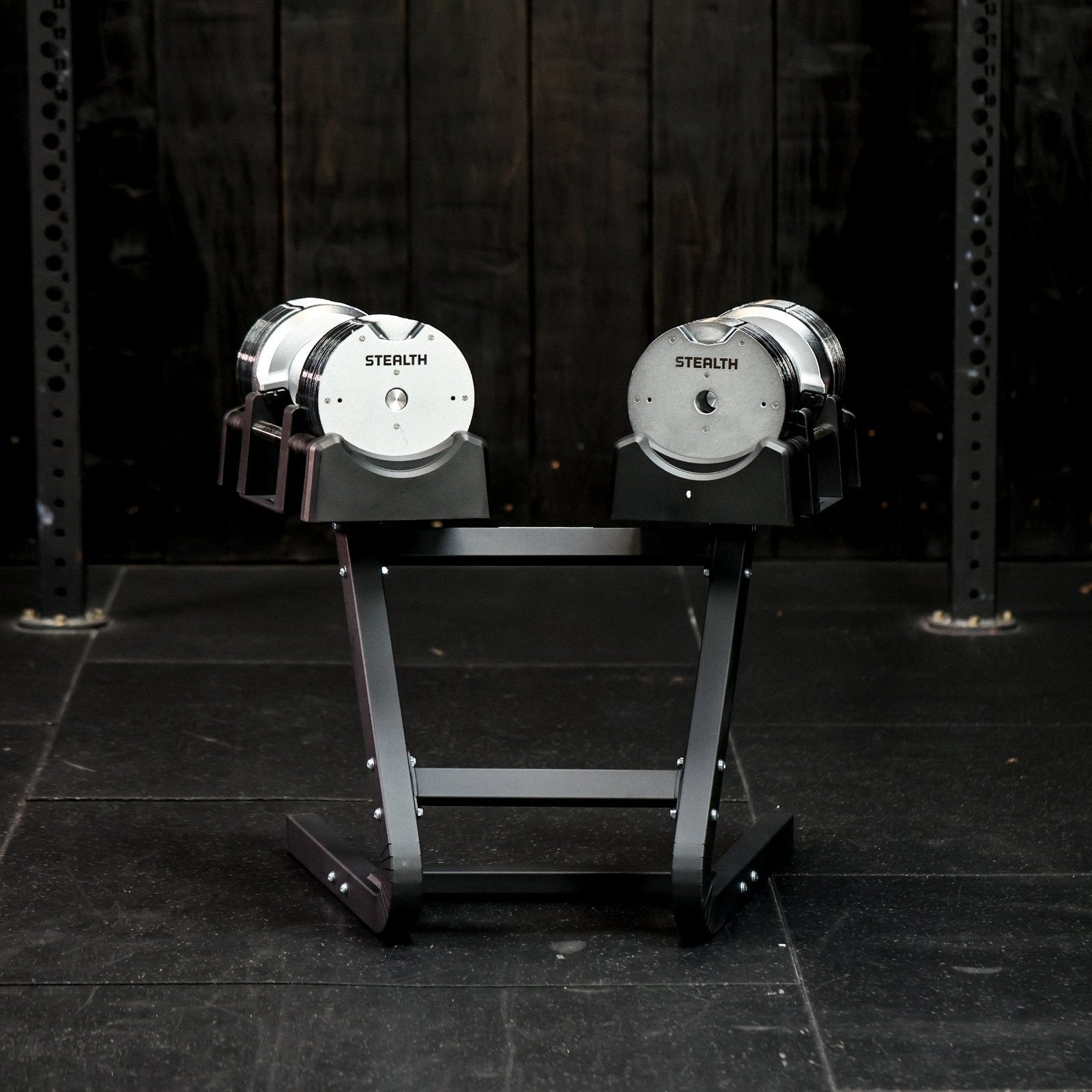 Stealth Chrome Adjustable Dumbbells on a Stealth Heavy Duty Stand