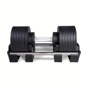 Side view of the Stealth Adjustable Dumbbells Core Edition fully loaded in its cradle - Assassin Goods