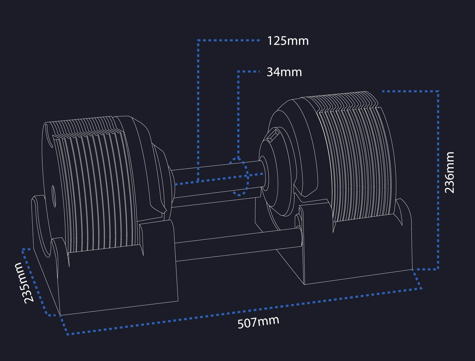 Technical drawing of a mechanical component with dimensions on a black background