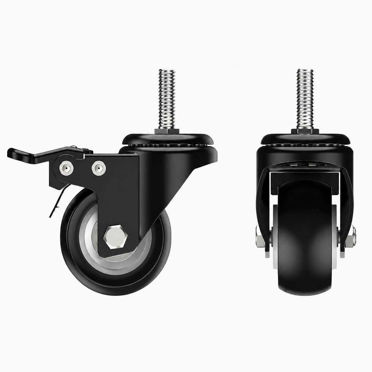 Black swivel castor with a total locking brake and threaded stem, shown from the side and the front, part of the four wheel upgrade kit for the Heavy-Duty Adjustable Dumbbell Stand