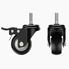 Black swivel castor with a total locking brake and threaded stem, shown from the side and the front, part of the four wheel upgrade kit for the Heavy-Duty Adjustable Dumbbell Stand