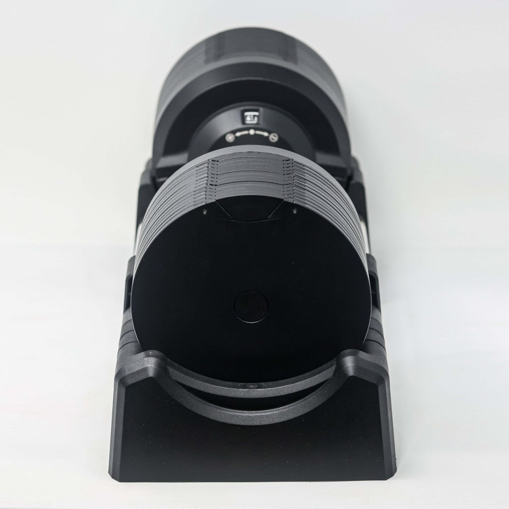 Stealth Black Edition adjustable dumbbell, end view