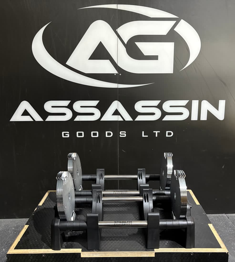 A Chrome Edition dumbbell seated in its new base with the plates loaded